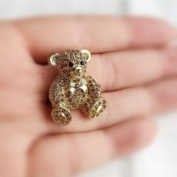 VINTAGE teddy bear brooch pin gold tone crystals - Picture 4 of 5